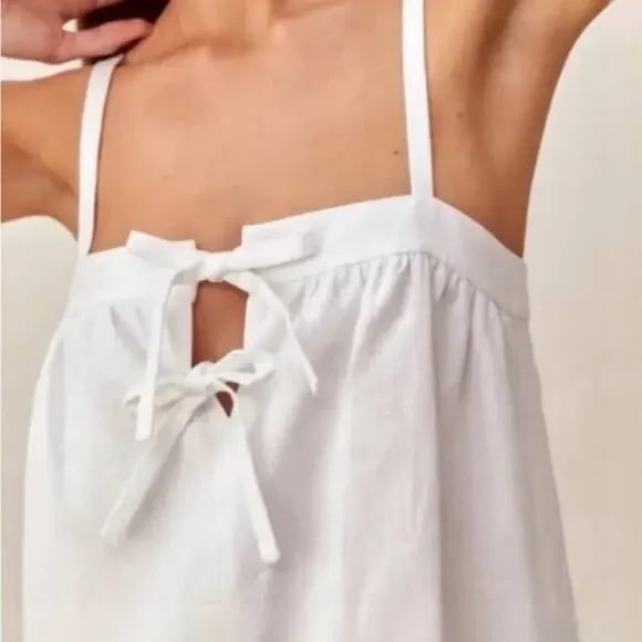 Reformation Winifred White Linen Mini Dress with Bow Detail Size: 10 - Picture 3 of 10